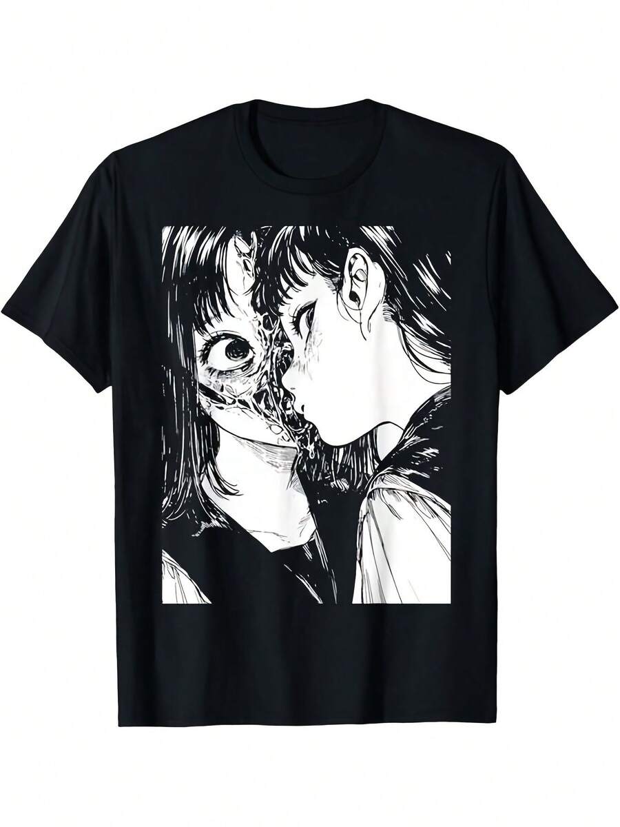 Camiseta negra de hombre de talla, estilo ultra holgado, modelo nuevo 2026, elegante, casual y de alta calidad, camiseta gótica linda de estilo japonés de anime y manga de terror, de alta calidad y moda casual 2026, corte holgado, transpirable y suave para uso diario masculino. - Negro - Ver 1