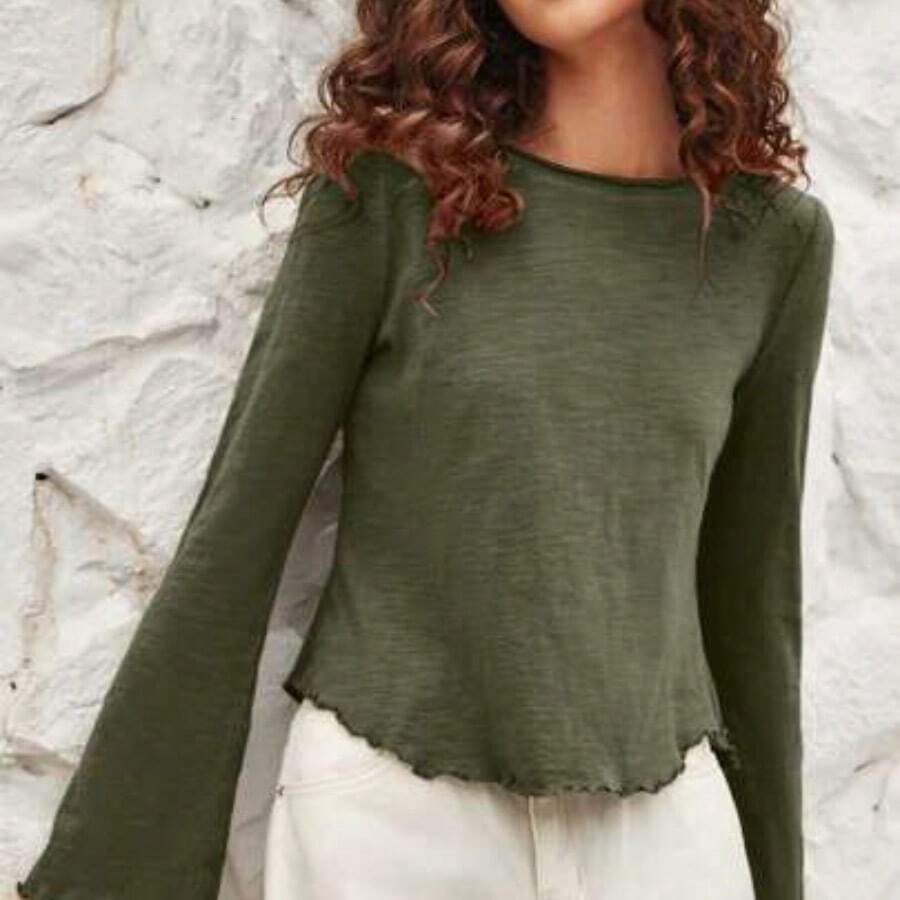 Lettuce Trim Trumpet Sleeve Asymmetrical Hem Tee - Verde militar - Ver 1