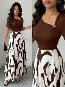 Vestido de línea A con cuello en V y cintura recogida con patrón abstracto en blanco y negro y decoración de hebilla de metal, elegante para uso diario, vacaciones, estilo retro francés, viajes, San Valentín, citas, ropa de calle, fiestas, principios de primavera/primavera-verano - Marrón - Ver 12