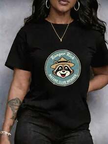 Women's T-Shirt With Floral Print And Raccoon Hat And Text Design, Short Sleeves And Round Neck, Available In Plus Sizes, Sporty Elastic Style, Comfortable And Breathable, Versatile, Sweat-Absorbing, Ideal For Training And Casual Wear, For Casual Wear At Home - 黑色 - 查看 11