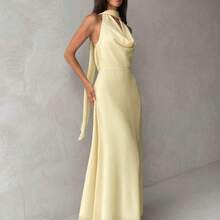 Women's Yellow Draped Neck A-Line Flowy Tie Back Dress,Summer Dresses For Women - Amarillo - Ver 7