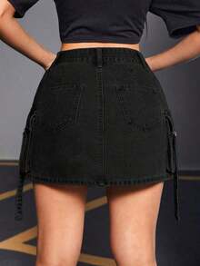 Falda de mezclilla de unicolor de moda para mujer - Negro - Ver 2