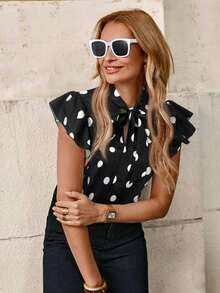 Blusa con lazo elegante para mujer, versátil para el trabajo y el uso casual, verano - Negro 2 - Ver 1
