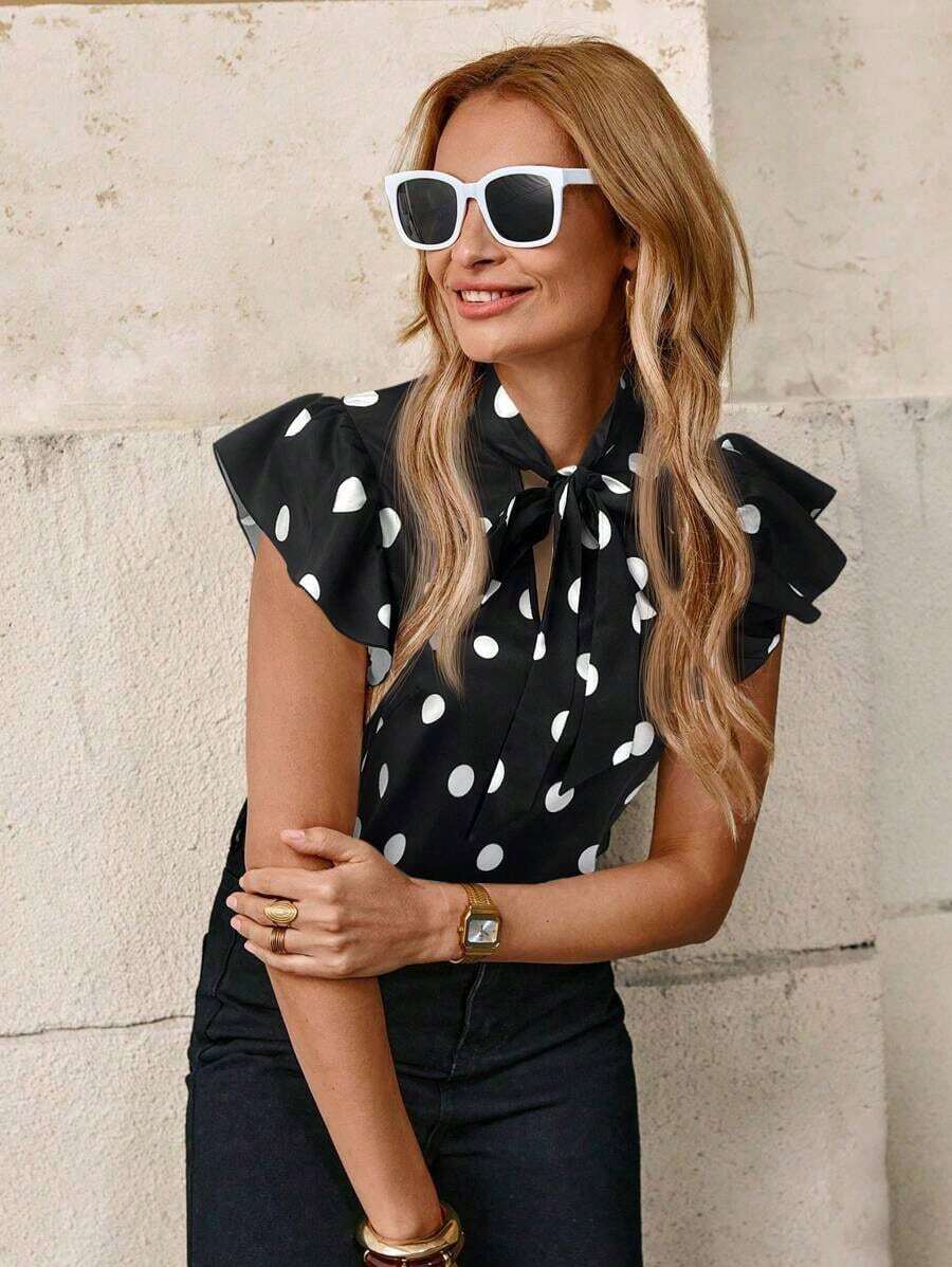 Blusa con lazo elegante para mujer, versátil para el trabajo y el uso casual, verano - Negro 2 - Ver 1