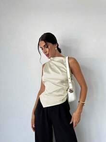Camisa de satén con cuello plisado, sin mangas, elegante y sencilla, con dobladillo entallado, para oficina, en color beige - Beis - Ver 6