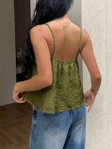 Top de tirantes de encaje de unicolor versátil y casual para mujer - Verde - Ver 2