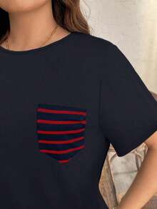 Camiseta casual de talla grande con bolsillo y rayas de contraste, prenda de vestir occidental estilo boho bohemio, top de festival de los 90, verano y primavera - Azul - Ver 3