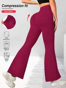 Pantalones acampanados con cintura cruzada para mujer, pantalones deportivos y de yoga de unicolor de poliéster de alta elasticidad, pantalones casuales largos con cintura cruzada, mallas ajustadas de unicolor para entrenamiento, pantalones de pierna ancha de tejido de punto adecuados para fitness y uso casual, negro, primavera - Rosa Fucsia - Ver 6