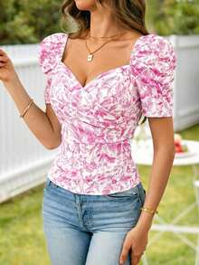 Blusa de mujer casual y elegante con estampado floral romántico y cuello en V, manga abullonada, para primavera/verano.Blusa floral de verano, blusa de primavera, blusa de manga abullonada, blusa floral, Blusa floral francesa suave del verano 2026 con cuello de corazón, manga abullonada y ajuste ceñido, blusa de manga corta linda para vacaciones, camisa delgada versátil para uso diario - Rosa 2 - Ver 4