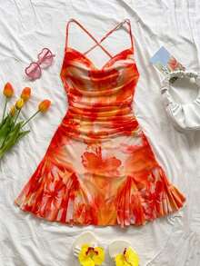 Vestido mini de mujer para vacaciones con tirantes finos, escote pronunciado, espalda descubierta, lazo, bajo estilo sirena, estilo romántico, vestido mini para pausas de té, caminatas al aire libre, citas, atuendo de playa, malla, joven y feme - Naranja - Ver 6
