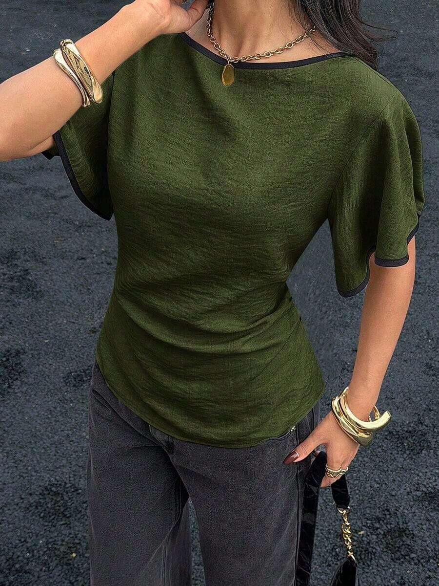 Camisa casual de mujer con ribete de contraste en la cintura y manga corta, para verano - Verde militar - Ver 1