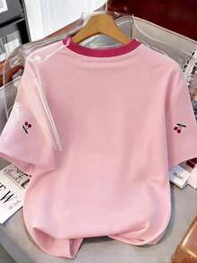Camiseta casual para mujer, gris, nuevo diseño de verano, cuello redondo, estampado de cerezas dulces, diseño gráfico, estilo estudiantil, ajuste versátil minimalista, adecuado para uso diario, al aire libre, viajes, cómodo, esencial para mujeres - Multicolor - Ver 2