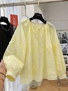 Long-Sleeved Blouse With 3D Floral Embroidery, New Early Spring Design, Loose Casual Top For Women - 黃色 - 查看 3