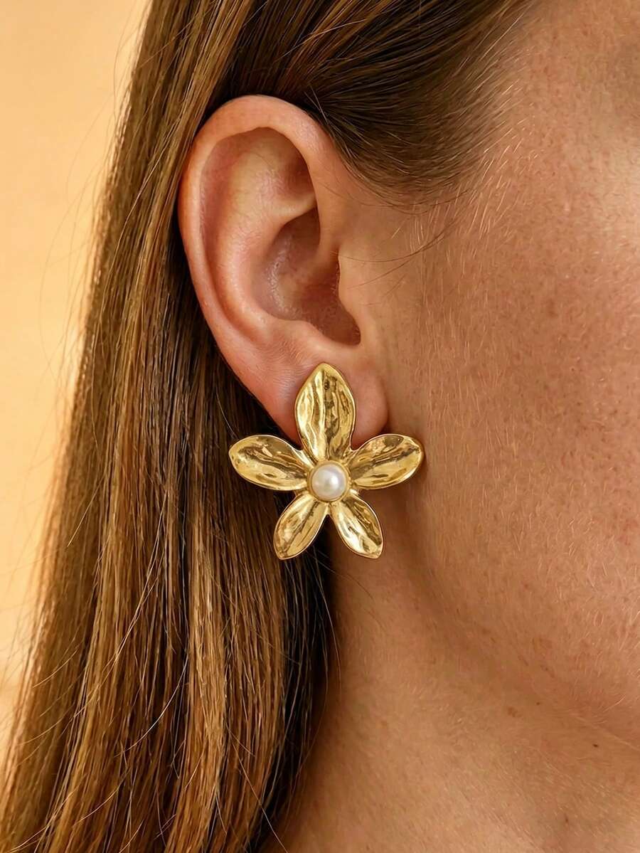 Brinco de Flor Grande para Mulher, Joalharia de Aço Inoxidável com Pérola Falsa Dourada, Presente de Joalharia de Verão para Mulher