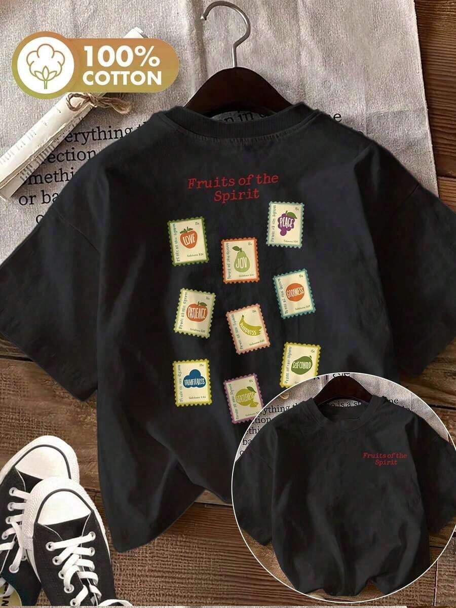 GiftCamiseta de mujer con estampado de doble cara, diseño puro con frutas y la palabra en inglés LOVE, JOY, PEACE.Top casual de manga corta y cuello redondo para primavera y verano.Soft - Negro - Ver 1