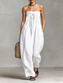 Nueva colección primavera mono sin tirantes strapless con lazos ajustables diseño fruncido elegante moda  estilo europeo para mujer - Blanco - Ver 6