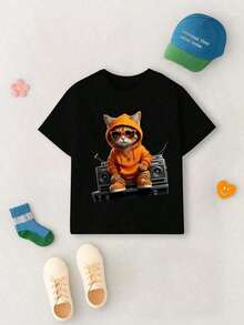 Tops para mujer Casual de Algodón Negro para Mujer, Manga Corta, Cuello Redondo, con Estampado de Gato y Boombox, Corte Regular, Alta Elasticidad - Negro - Ver 1