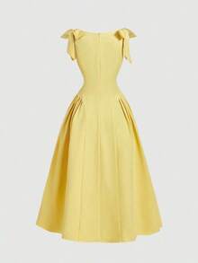 Vestido color albaricoque con cuello redondo, sin mangas, con ribete de contraste, lazo decorativo en la cintura y bajo acampanado - Amarillo claro - Ver 8