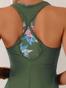 Swim Lushoire Conjunto de 3 piezas para mujer con top corto y conjunto de bikini con estampado floral para vacaciones en la playa - Verde militar - Ver 4