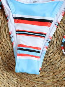 Ladies' Blue And Red Contrast Striped Bead Decor Halter Neck Bikini, Ultra Stylish Beach Vacation Two Pieces Swimsuit Set For Summer - Multicolor - View 6