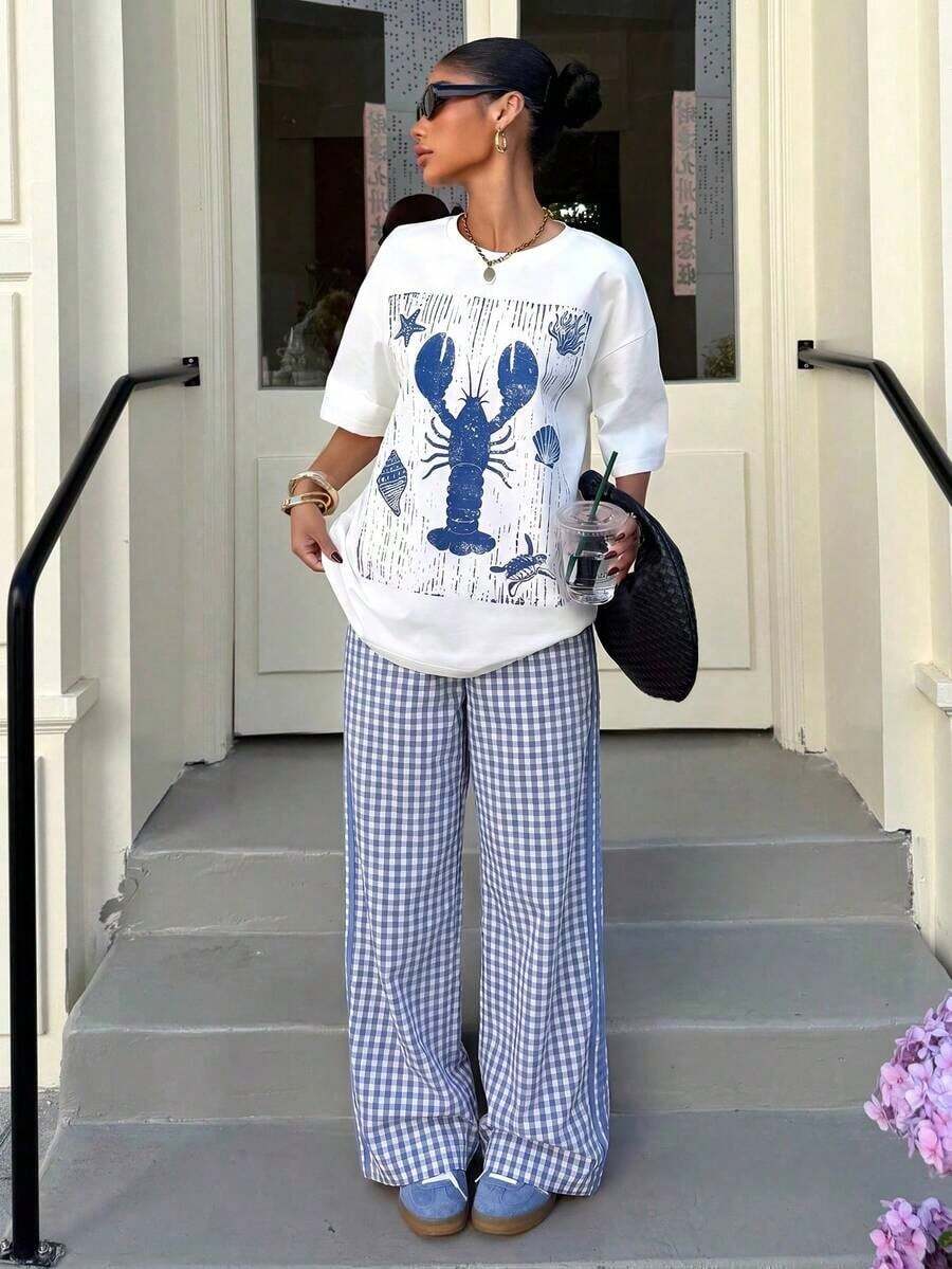 Muchic Conjunto casual de 2 piezas para mujer: Top de cuello redondo con estampado de langosta y pantalones anchos a cuadros - Azul - Ver 1