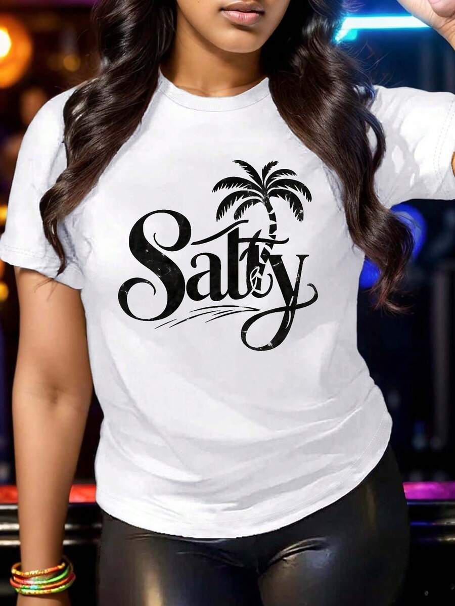 PremiumCamiseta de Mujer de Algodón Puro de la Serie Palm Tree Salt, Ajuste Cómodo, LindaNueva llegada - Blanco - Ver 1