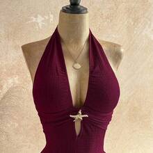 WYWH Women's Solid Color Halter Metal Decor Fashion Date Party Mini Dress - amarillo ganso - Ver 4