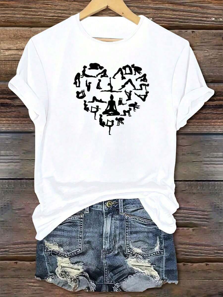 Estampado para Entusiastas del Yoga, Estampado en Forma de Corazón, Camiseta Cómoda y Suave, Camiseta de Manga Corta con Cuello Redondo, Camiseta Holgada y Cómoda, Estampado Popular, Estampado Divertido (Desarrollado) - Unisex, Corte Holgado - Camiseta de Algodón de Estilo Vintage Urbano Cómoda - Blanco - Ver 1