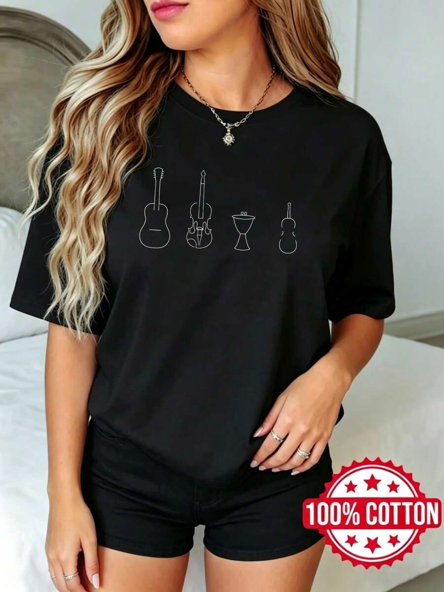 Women's Summer Black Short Sleeve T-Shirt With Round Neck And Guitar Violin Drum Cello Print S-3XL Fashion 100% Cotton Material - 黑色 - 查看 1