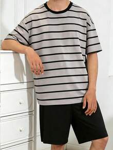 Men's Striped & Solid Color Short Sleeve Shorts 2-Piece Pajama Set, Lightweight, Minimalist, Neutral Style For Summer - Multicolor - View 2