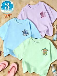 Tween Girl 3-Piece Set - Printed T-Shirt, Soft And Comfortable Fabric, Suitable For Outdoor Sports, Daily Wear, Street Style, Campus Style, Fashionable For Girls, Casual All-Match Top For Spring And Summer - Mauve Purple - View 5