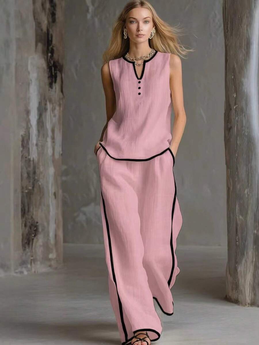 New 2026 Women's Casual Two-Piece Set, Contrasting Color Sleeveless Top And Wide-Leg Pants - 粉紅色 - 查看 1