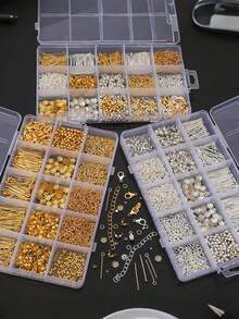 1260 piezas Juego de accesorios de metal, que incluye cuentas espaciadoras, broches de langosta, anillas de salto, para hacer pulseras, collares, aretes, ganchos para orejas, herramientas para hacer cuentas DIY - Multicolor - Ver 2