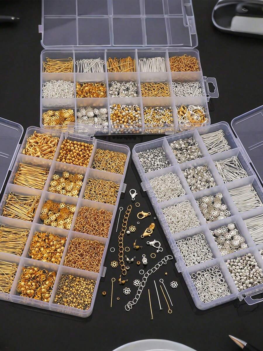 1260 piezas Juego de accesorios de metal, que incluye cuentas espaciadoras, broches de langosta, anillas de salto, para hacer pulseras, collares, aretes, ganchos para orejas, herramientas para hacer cuentas DIY
