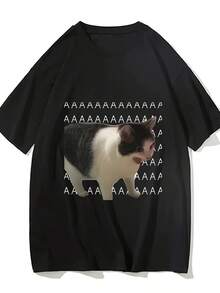 Classic And Fun T-Shirt With Crying Cat Print, For Men And Women, Casual And Comfortable, Machine Washable, For Summer - 黑色 - 查看 7