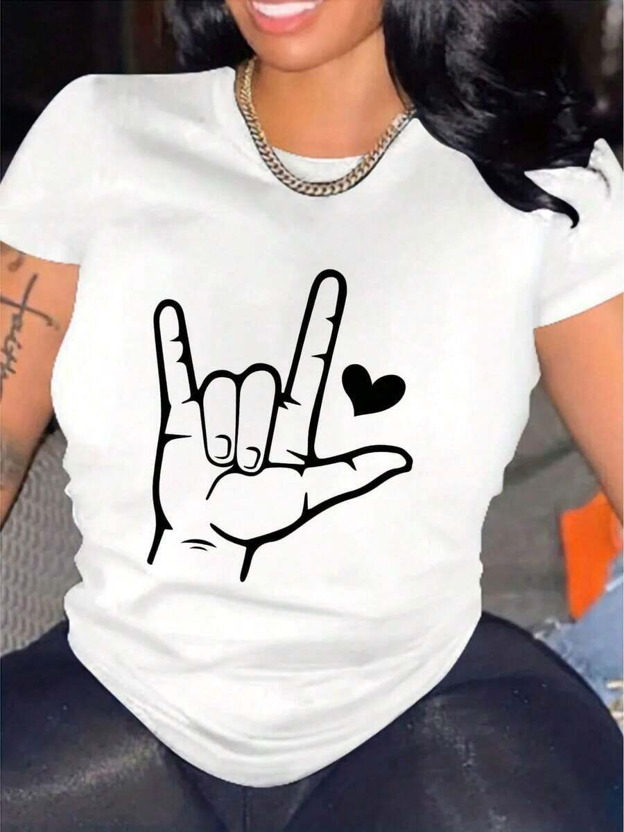 1 pieza, 100% algodón, camiseta de mujer para el Día de San Valentín, moda de verano, con estampado de corazón y la frase "Te amo", camiseta de manga corta para mujer WTQ7602, camiseta de al - Blanco - Ver 1