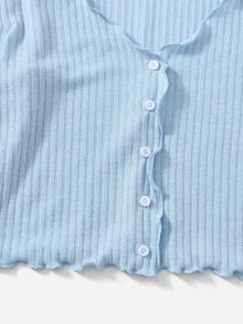 Camiseta De Punto De La Lechuga Con Botones Para Mujer - Celeste - Ver 4