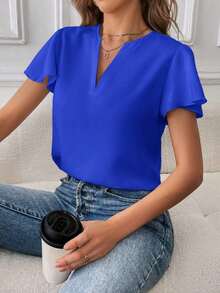 Camisa de mujer de unicolor con escote en V entallado y manga corta, informal y adecuada para el trabajo, blusas de manga corta - azul real - Ver 6