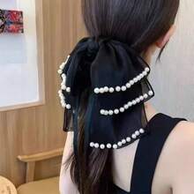 1个女士超仙女丝带蝴蝶结爪夹（珍珠数量随机）女士后脑勺森林风半扎发夹头饰发卡 - 黑色 - 查看 10