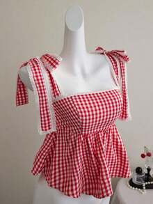 Camiseta de tirantes con volantes y lazo a cuadros linda para mujer - Rojo y blanco - Ver 6
