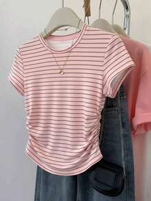 Camiseta de mujer para exteriores, nuevo diseño de verano, a rayas multicolor, blanco, azul marino, ropa para exteriores, camiseta ajustada con cintura fruncida - Multicolor 4 - Ver 6