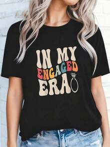 Women's Casual Short-Sleeve T-Shirt With Round Neck, "IN MY ENGAGED ERA" Letter Print, Color Block Design, Polyester Knit Fabric, All-Season Short-Sleeve Top, Casual Wear,  And Stylish Top. - 黑色 2 - 查看 7