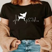 Women's Casual Cotton Tee with Chihuahua Heartbeat Print, Short Sleeve Round Neck Regular Fit T-Shirt. - Negro - Ver 1