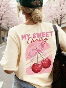 Women's 100% Cotton Loose-Fitting T-Shirt With Black Lip Print, Soft And Breathable Casual Top, Y2K Punk Style Short Sleeve T-Shirt, Suitable For Daily Outings, Music Festivals, Dates And Urban Casual Wear, Summer White Color. - 杏色 - 查看 8