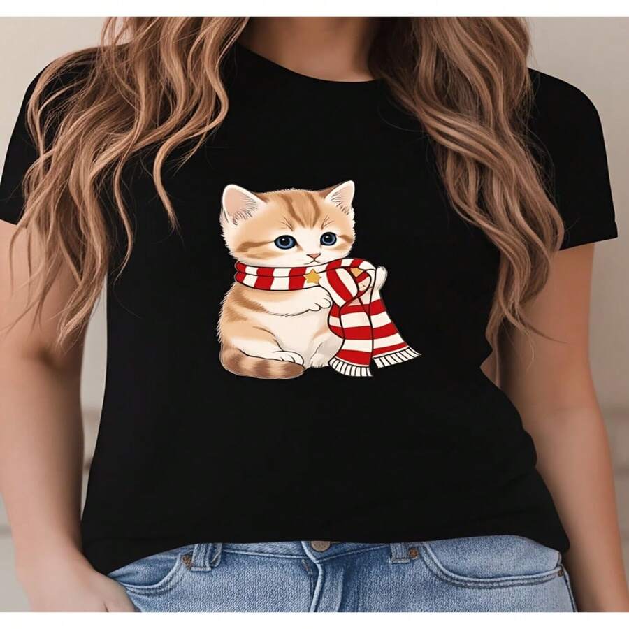 Casual Women's Black Round Neck Cotton Tee with Adorable Kitten Print Short Sleeve High Stretch Regular Fit Top - Negro - Ver 1