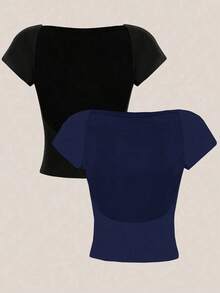 2 piezas Camiseta ajustada de mujer con cuello redondo, mangas cortas y espalda descubierta, estilo sexy y casual, adecuada para el verano - Multicolor 6 - Ver 7