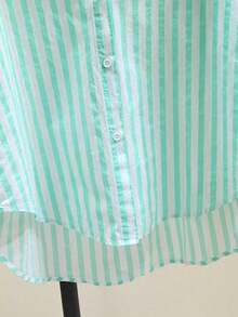 Camisa de manga larga casual con bolsillo en el pecho y estampado de rayas para mujeres, otoño e invierno - verde menta - Ver 4