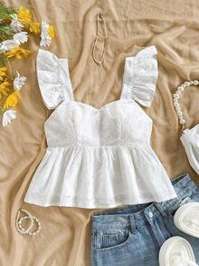 Blusa de corte de línea A con cuello cuadrado, manga corta y estampado retro azul y blanco, adecuada para fiestas, citas, el Día de San Valentín, el té de la tarde - Blanco - Ver 3