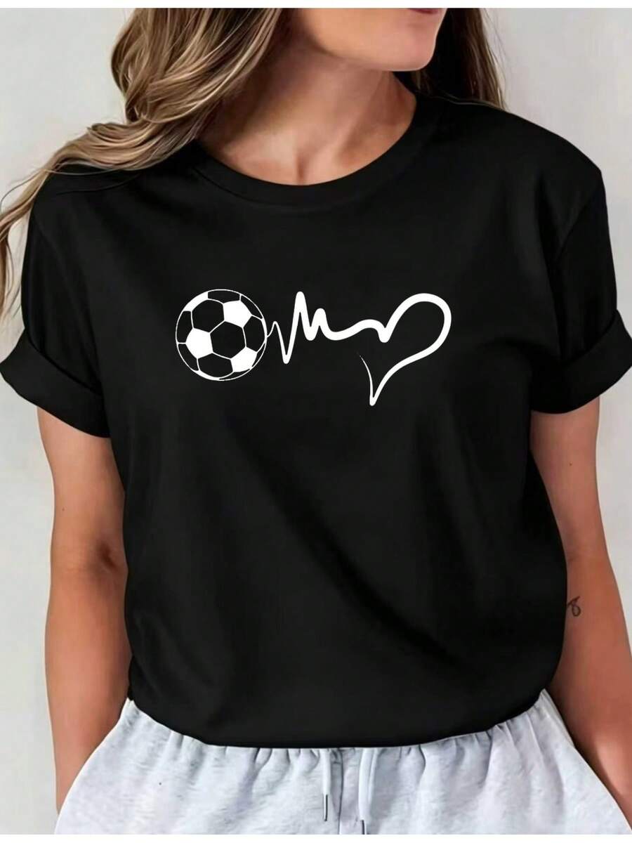 Women's Football Jersey With A Heartbeat Print, Short Sleeves, Crew Neck, Casual Summer Style, Machine Washable, Suitable For Casual Football Wear, A Great Gift For Female Players. Casual Crew Neck T-Shirt, Comfortable Women's Clothing. - 黑色 - 查看 1