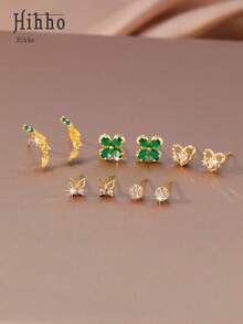 Hihho 5 Pairs Of Exquisite Creative Earring Set, Featuring Designs Like Clover, Butterfly, Heart And More, Versatile For Daily Matching, Warm Gold Tone With Zirconia And Colorful Gems Accents, Gift Box Packaging With Ceremonial Feel, Ideal For Everyday Wear And Holiday Gifting - Earrings Set - View 4